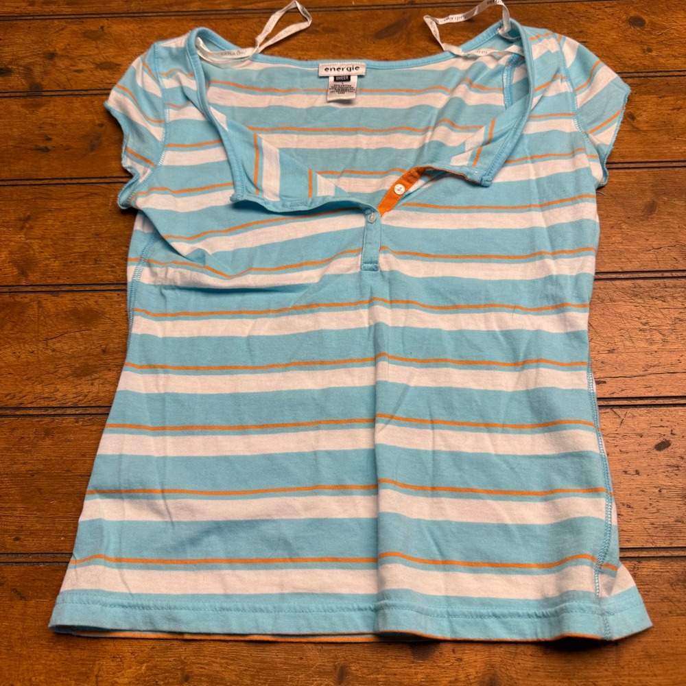 Y2K‎ Energie Sheer Striped Button Short Sleeve Top Size Large Blue White Orange